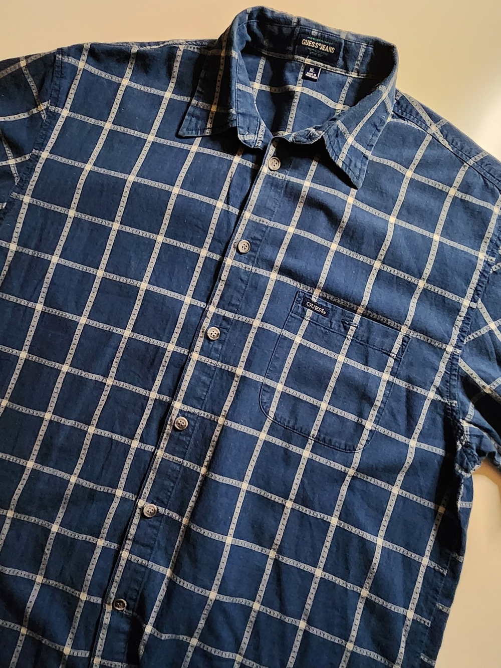 GUESS Men’s Navy Windowpane Button-Up Shirt - Picture 2 of 5